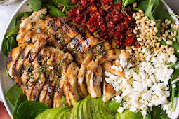 Grilled Chicken Sun Dried Tomato and Avocado Spinach Salad