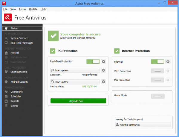 واجهة برنامج Avira Free Antivirus