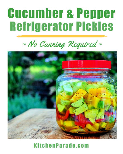 Cucumber & Pepper Refrigerator Pickles ♥ KitchenParade.com, cucumber, sweet peppers and onions in a no-canning-required refrigerator pickle.