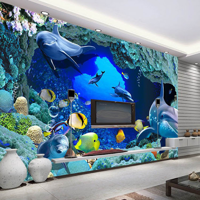 Dolphin Undersea wall mural 3d wallpaper 3d Dolphins underwater aquarium animal fish corall