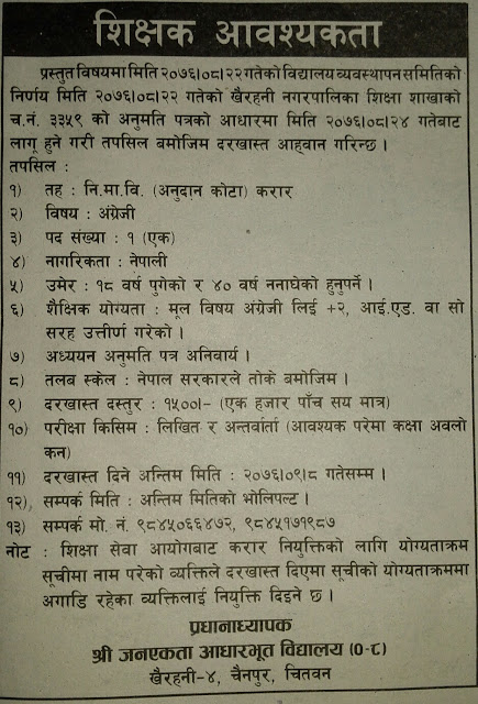 Lower Secondary English Teacher vacancy in Chitwan