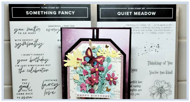 Rhapsody in craft, #rhapsodyincraft, #colourcreationsbloghop, Blackberry Bliss, Birthday Card, Fancy Fold, Slide and Lock Fancy Fold, Water Colour, Quiet Meadow, Quiet Meadow Dies, Something Fancy, Countryside Corner Dies, Stargazer DSP, Shimmer Paper, #loveitchopit, Stampin' Up!, Art With Heart,