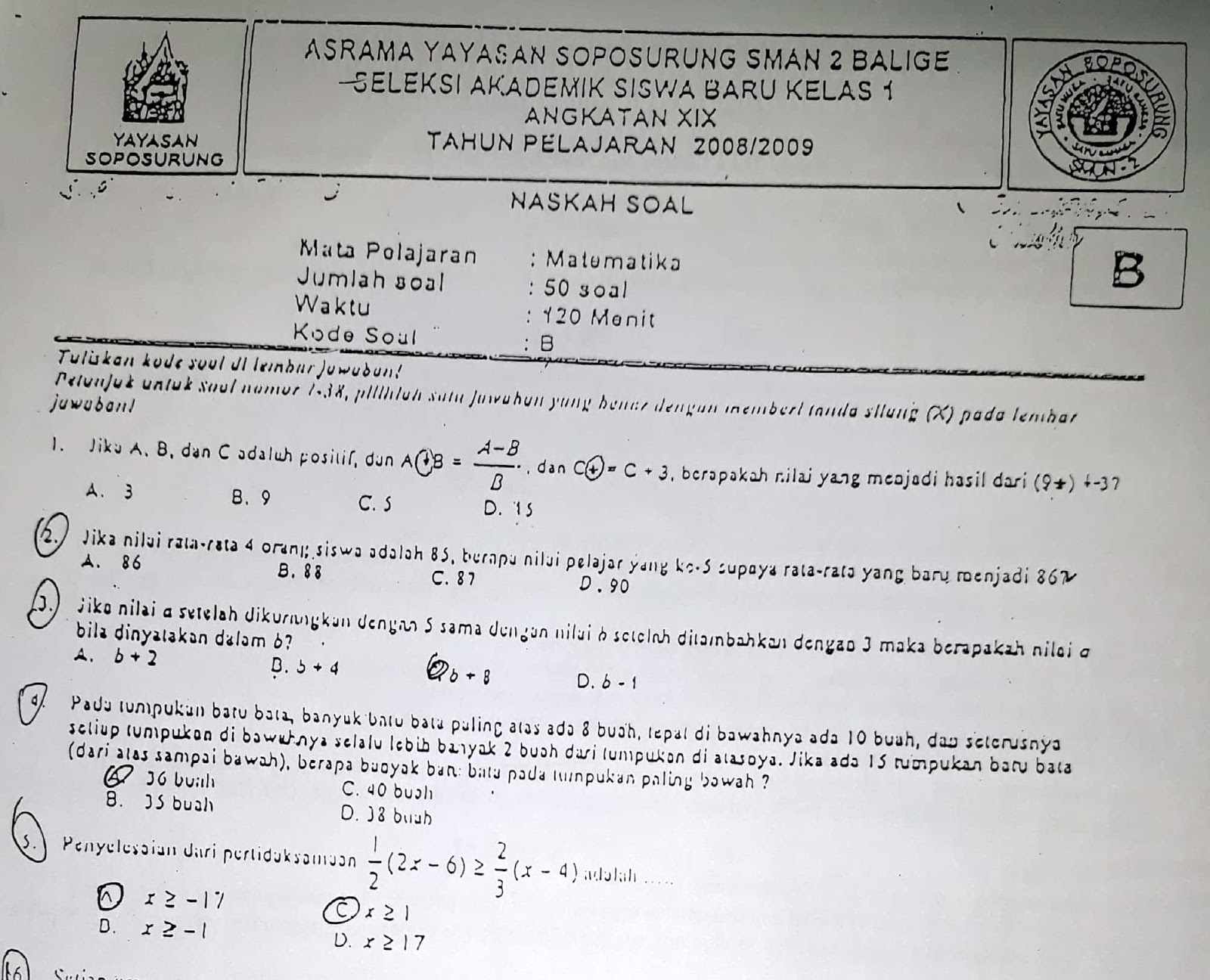 Matematika SMP Seleksi Akademik Masuk Asrama YASOP SMAN 2 Balige 2008