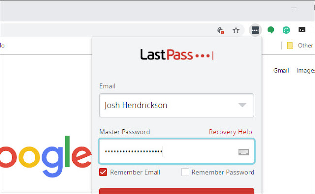 Lastpass شاشة تسجيل الدخول مع ملء اسم المستخدم وكلمة المرور.