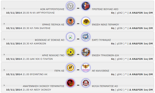 ΔΕΥΤΕΡΑ 10.11.2014 | Το πρόγραμμα αγώνων της ημέρας όλων των κατηγοριών - ομίλων (με βάση την ώρα έναρξης) 