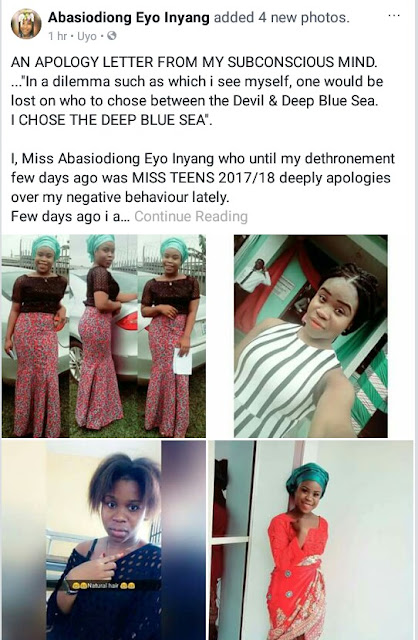  "From the deepest recesses of my heart, I plead for forgiveness"- Dethroned Miss Akwa Ibom Teen tenders apology to organisers, shares covered up photos