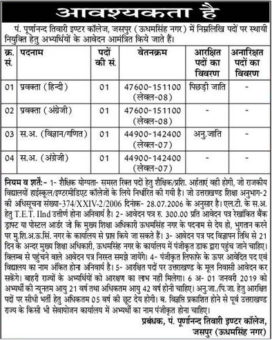 Teaching Job - Purnanand Tiwari Inter College, Jaspur (US Nagar)