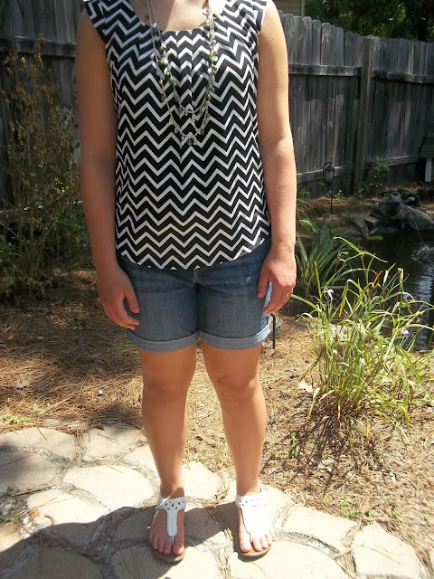 chevron green top necklace white sandals outfit casual boyfriend jeans shorts