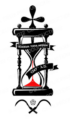 Image of Reaper Academy Seal. Hourglass with Dagger thru it producing blood red sands passing through it. Ribbons of Reaper Academy in Latin and the 1347 A.D. date from the academy's founding front the Hourglass which has 2 Sickle blades & pentacle adored above.