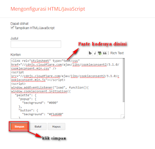 pasang plugin cookie di blog