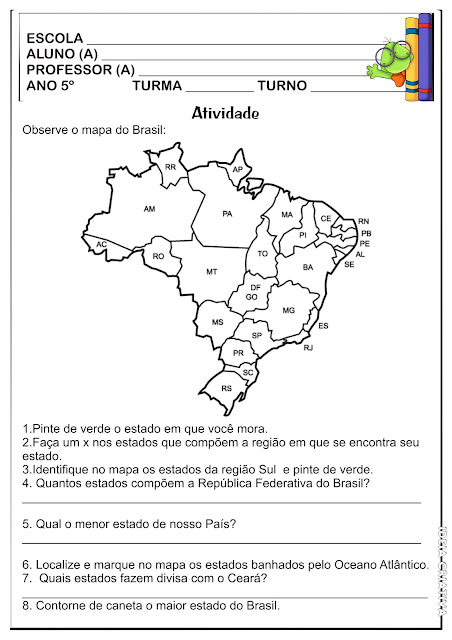 Atividade  Geografia  5º Ano Estados Brasileiros