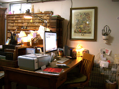 Drawing room iMac desk is an antique courtroom table found at an auction in Abilene, Kansas.