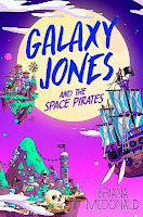 Purple-to-pink gradient background with a large moon and two floating islands in space. A pirate ship is flying through the sky in the foreground.