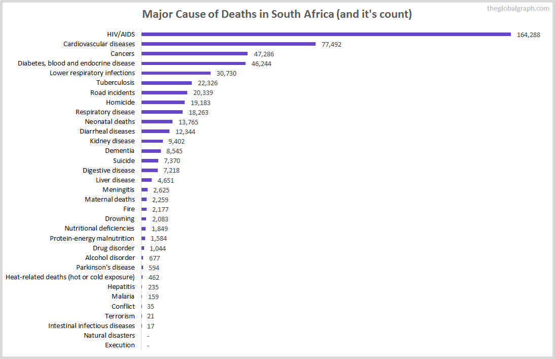 Major Cause of Deaths in South Africa (and it's count)