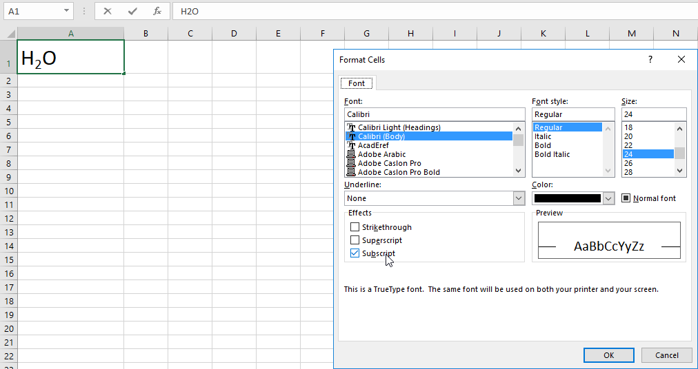 Subscript di Excel 2016