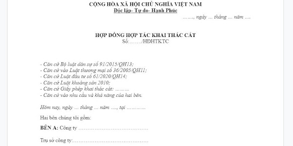 Mẫu hợp đồng hợp tác khai thác cát