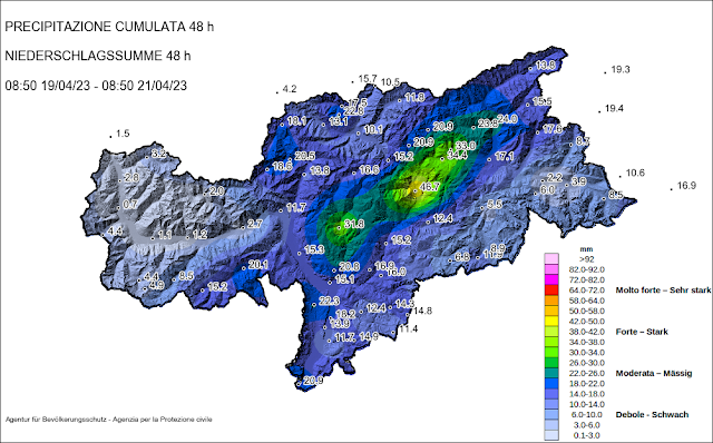 Distribuzione della precipitazione da mercoledì 19.04. fino a venerdì 21.04. Le precipitazioni nella zona di Bressanone e della bassa Pusteria erano più abbondanti del previsto.