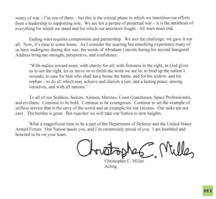 With the documents, the acting US Secretary of Defense Christopher Miller sends a message to the American forces: "The time has come!"