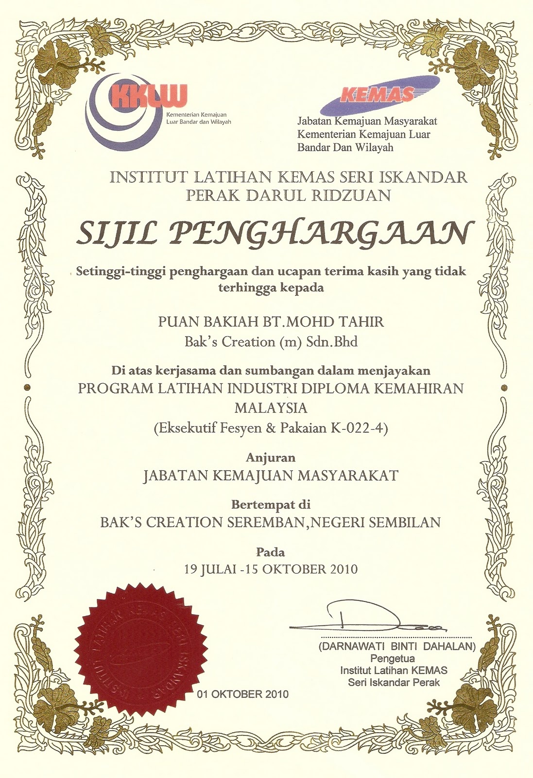 Bak s Creation Services Sdn Bhd SIJIL SIJIL PENGHARGAAN