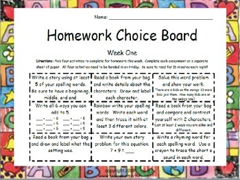  Homework Choice Board