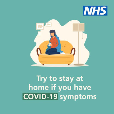 try to stay home if you have covid symptoms and image of woman sitting on sofa