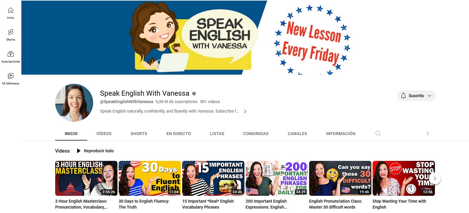 Canal de YouTube de Learn English With Vanessa