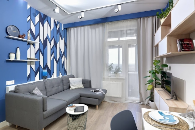 blue and gray living room combination