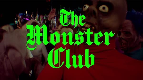 Screenshot from the movie The Monster Club with lime green blackletters and image of a party of monsters in the background.