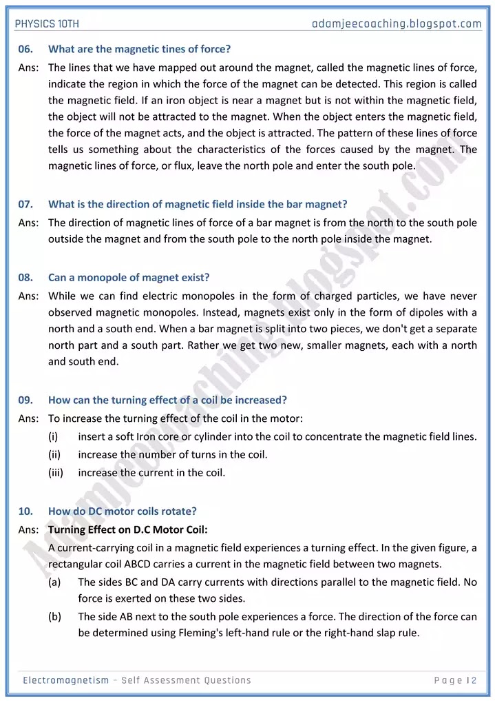 electromagnetism-self-assessment-questions-physics-10th