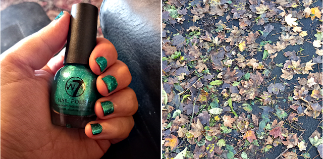 Green nail polish and leaves