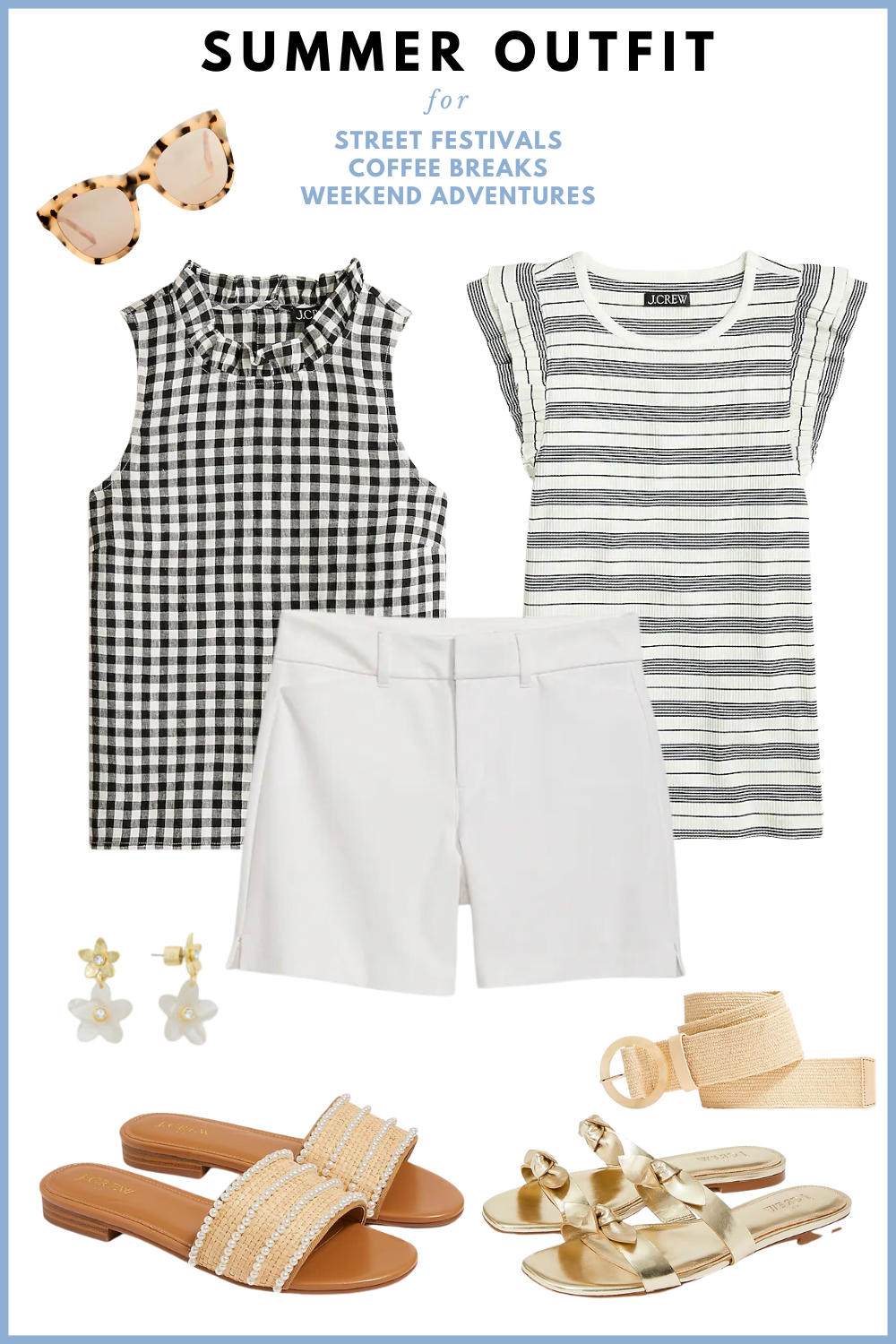 summer outfit 2023 with black and white gingham top, white shorts, woven flats