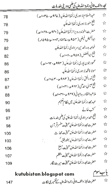 Contents of Hazrat Mujaddid Alif Sani Ki Dini Khimaat Urdu book