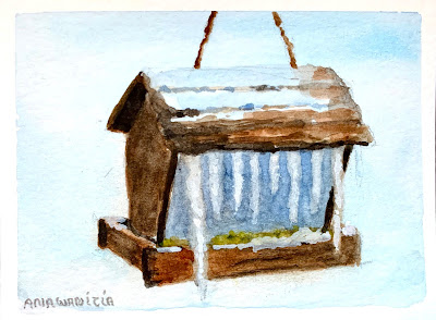 Icicles on a Bird Feeder is an original miniature watercolor painting by Anawanitia.