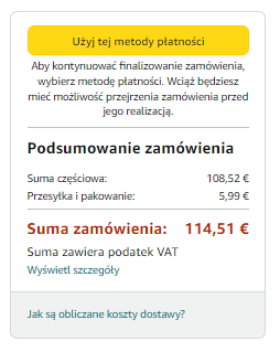 Podsumowanie płatności za Kindle Paperwhite 5 zamawiany do Polski