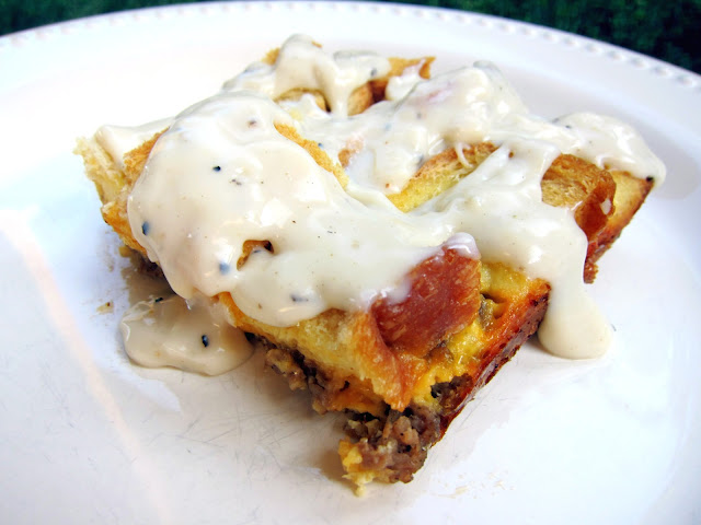  quick breakfast bake with crispy bread on top and drizzled with sausage gravy  Sausage Gravy Breakfast Bake