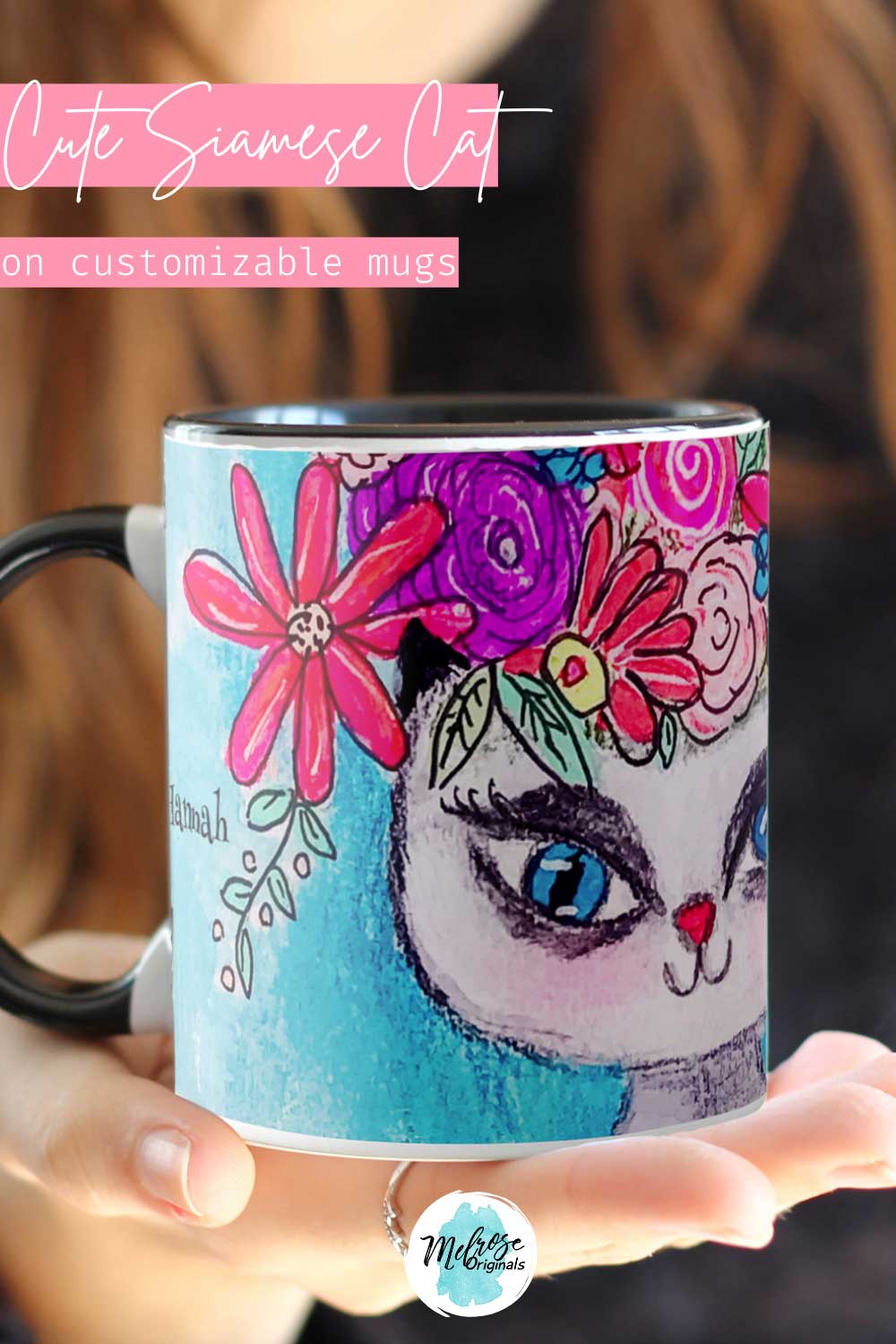 fun original art illustration flowers and siamese kitty coffee mug personalized with name