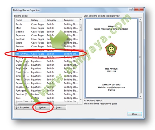 Gambar: Cara mengatur atau menghapus cover page atau halaman sampul di Microsoft Word 2007 melalui dialog Building Blocks Organizer