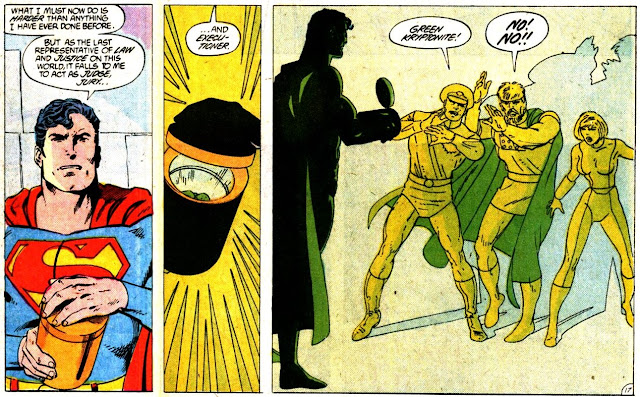 Three panels from Superman #23 where he executes three powerless Kryptonian criminals.