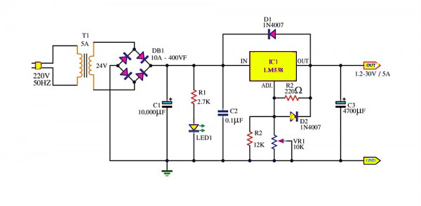 Adjustable Power Supply 1 2 30v 5a Using Lm338 Electronic Circuit