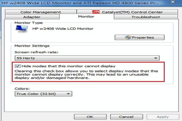 hide modes that this monitor cannot display windows 7