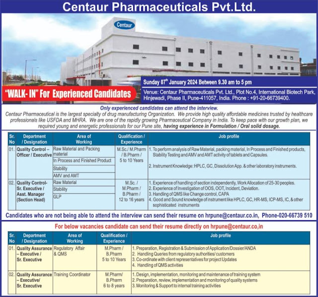 Centaur Pharmaceuticals Pune Walk In Interview For Quality Control and Quality Assurance