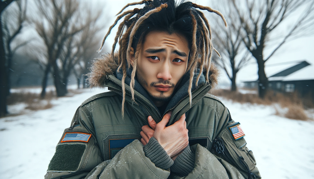 A Japanese man with dreadlocks, now wearing an N-3B flight jacket, looking cold in a winter setting. He's outside, shivering slightly, with his breath visible in the cold air. The N-3B jacket adds a stylish yet functional element, being bulky and insulated for warmth. His expression shows discomfort due to the cold, and he's wrapping his arms around himself. The snowy landscape in the background includes bare trees and a few snowflakes falling gently around him. The atmosphere is chilly and serene.