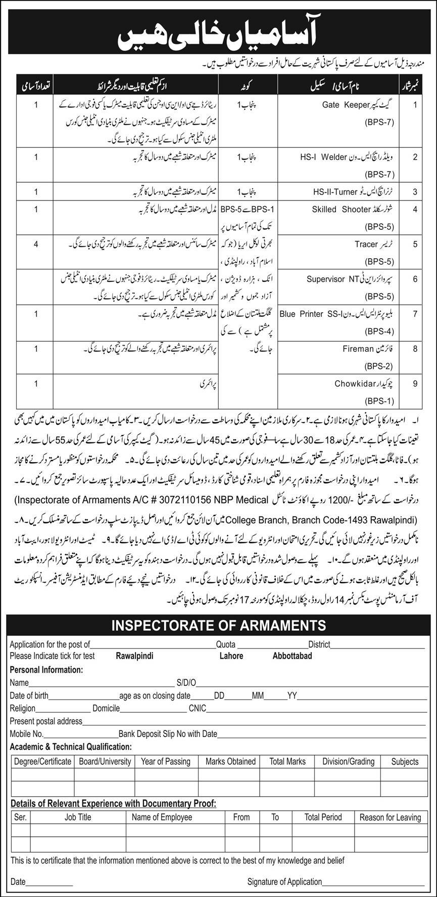 Inspectorate of Armaments Management November 2020 Jobs in Pakistan 2020 - Download Job Application Form