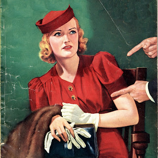 Strawberry blond woman in red dress and hat, seated in a wooden chair, leaning away from a pair of pointing hands in the right edge of the picture. She holds a black clutch purse and fur, her left hand in a white glove, her right hand holding the purse and loose white glove. She gives a concerned look towards the person pointing. The background is green.