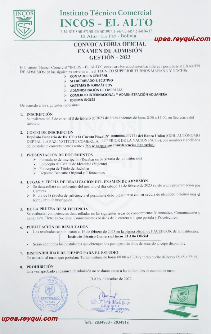 INCOS El Alto 2023: Convocatoria al Examen de Admisión