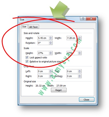 Gambar: dialog Size untuk mengatur image, gambar atau foto, dengan ukuran yang lebih tepat (presisi) di Microsoft Word