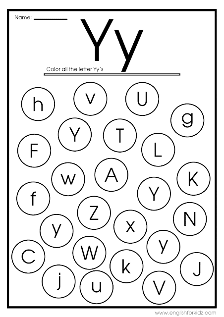 Find letter Y worksheet -- printable ESL materials to teach English alphabet