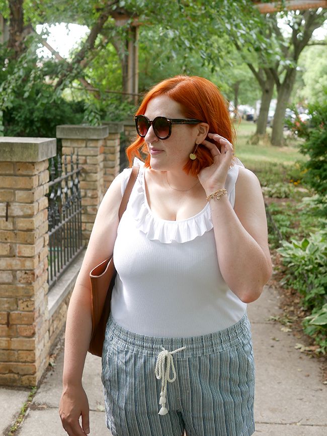 ruffled tank top and delicate earrings for summer