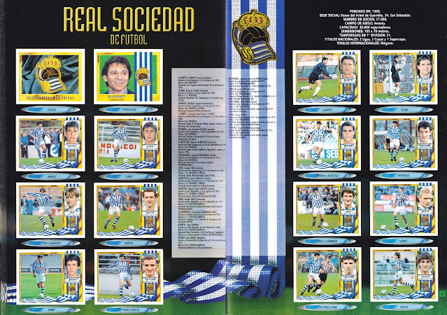 REAL SOCIEDAD DE FÚTBOL. Temporada 1995-96. Escudo, Salva Iriarte (entrenador), Alberto, Olabe. Imanol Alguacil, Loren, Pikabea, Aranzabal. Uría, Fuentes, Imaz, Karpin. Unai Emery, De Pedro, Luis Pérez, Idiakez.