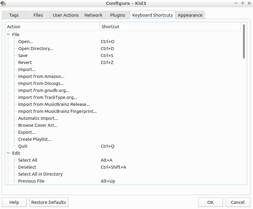 Kid3 keyboard shortcuts configuration